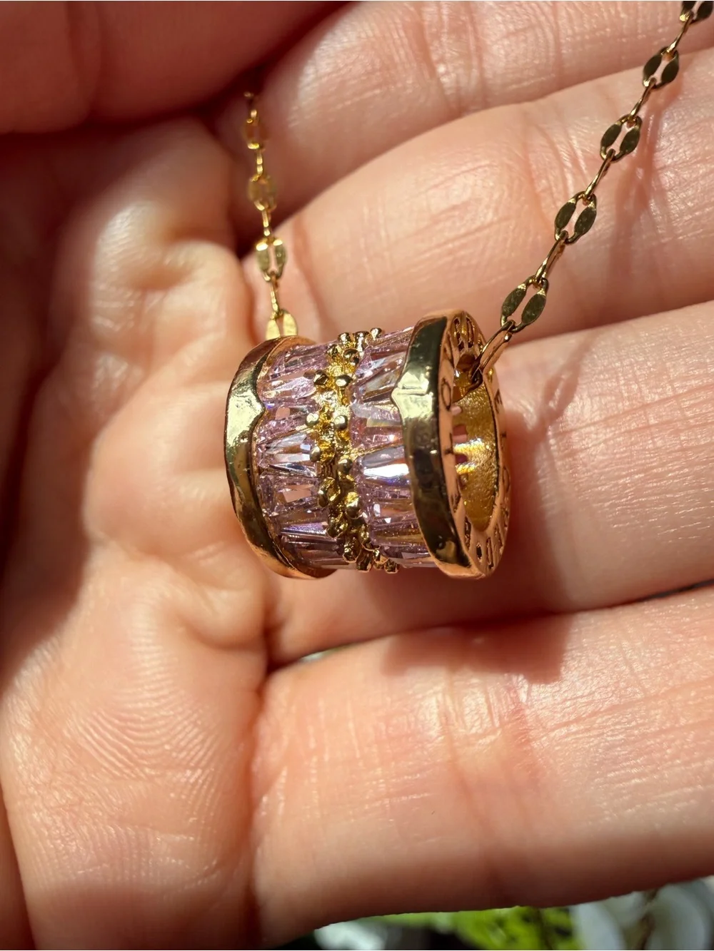 Gold-Plated Pink Crystal Pendant Necklace Y2K